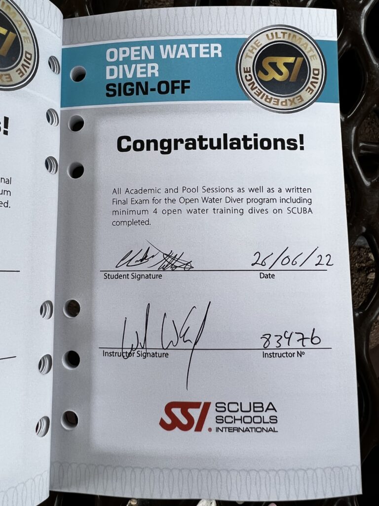 open water certification dive log